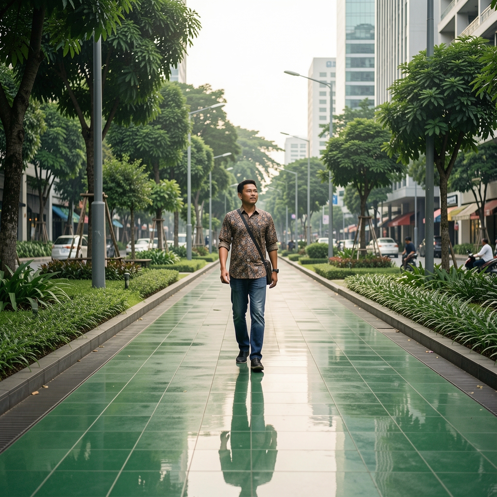 Green urban walkway in Jakarta with a man taking a reflective morning walk