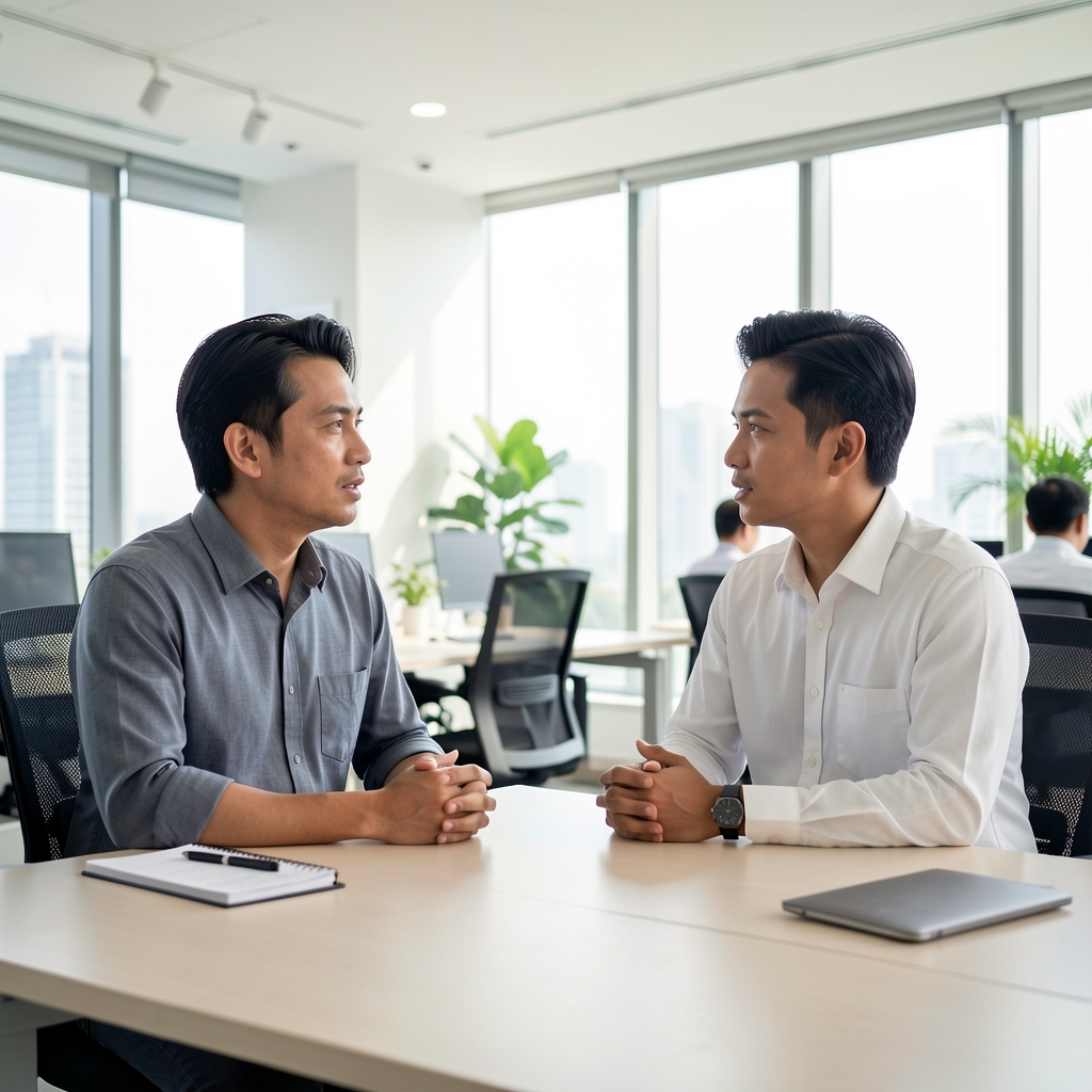 Two people having a respectful editorial conversation in a bright Jakarta office