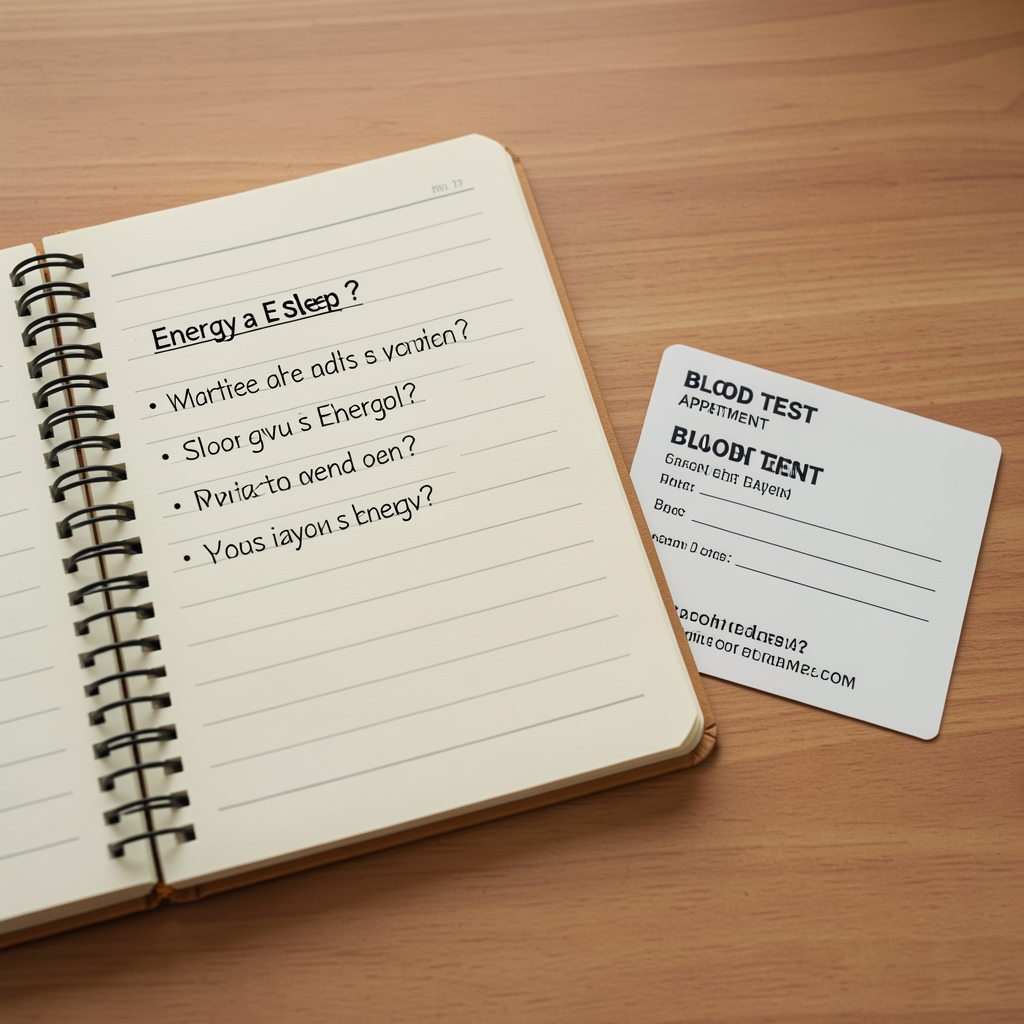Notebook with questions about energy and sleep beside a blood test appointment card