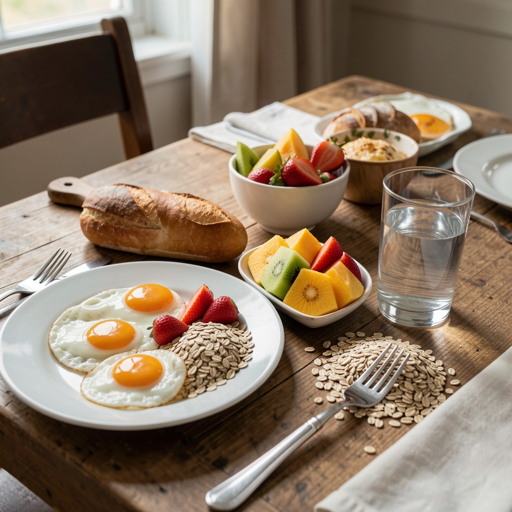 Wooden breakfast table with eggs, tropical fruit, whole grains, and a glass of water