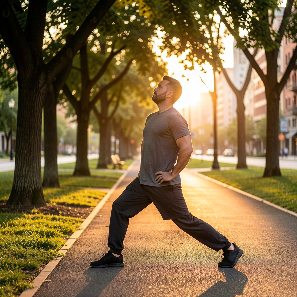 Man stretching outdoors beside a shaded city park path at sunrise