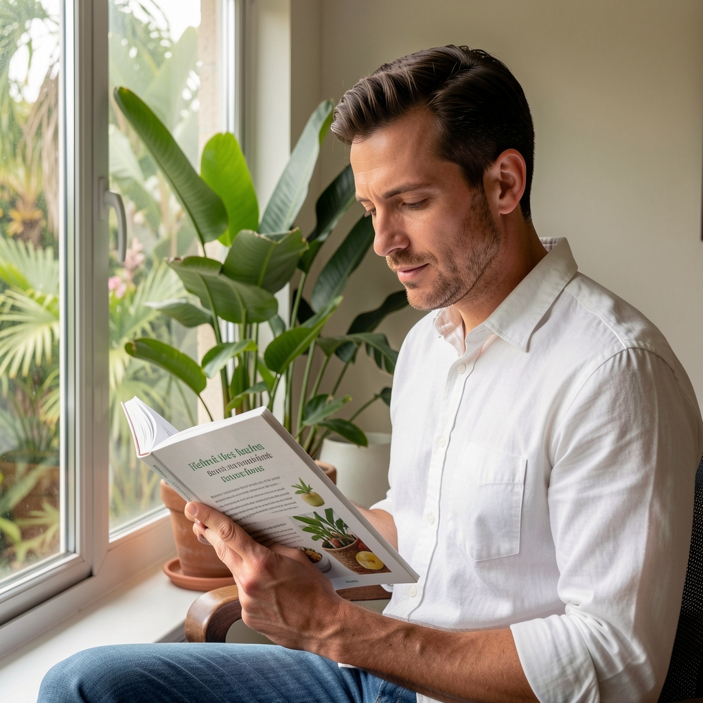 Man reading a printed wellness journal beside a window with tropical plants