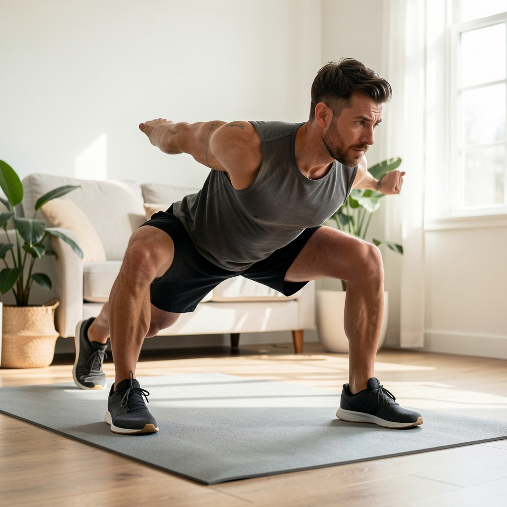 Adult man practicing controlled bodyweight strength exercise in a bright home room