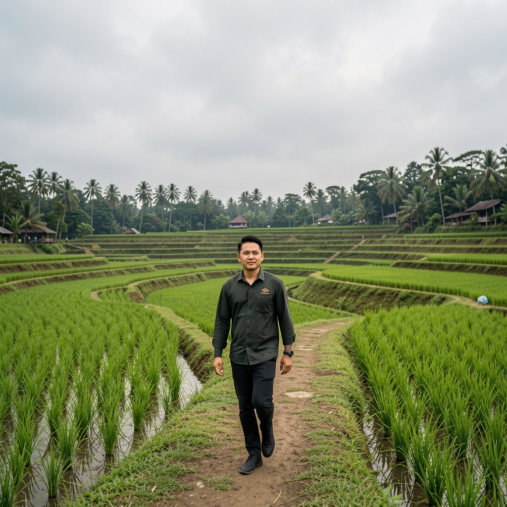 Man walking beside green rice terraces near Jakarta during a calm overcast afternoon