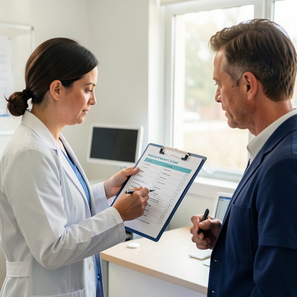 Friendly Indonesian clinician reviewing a preventive care checklist with an adult man