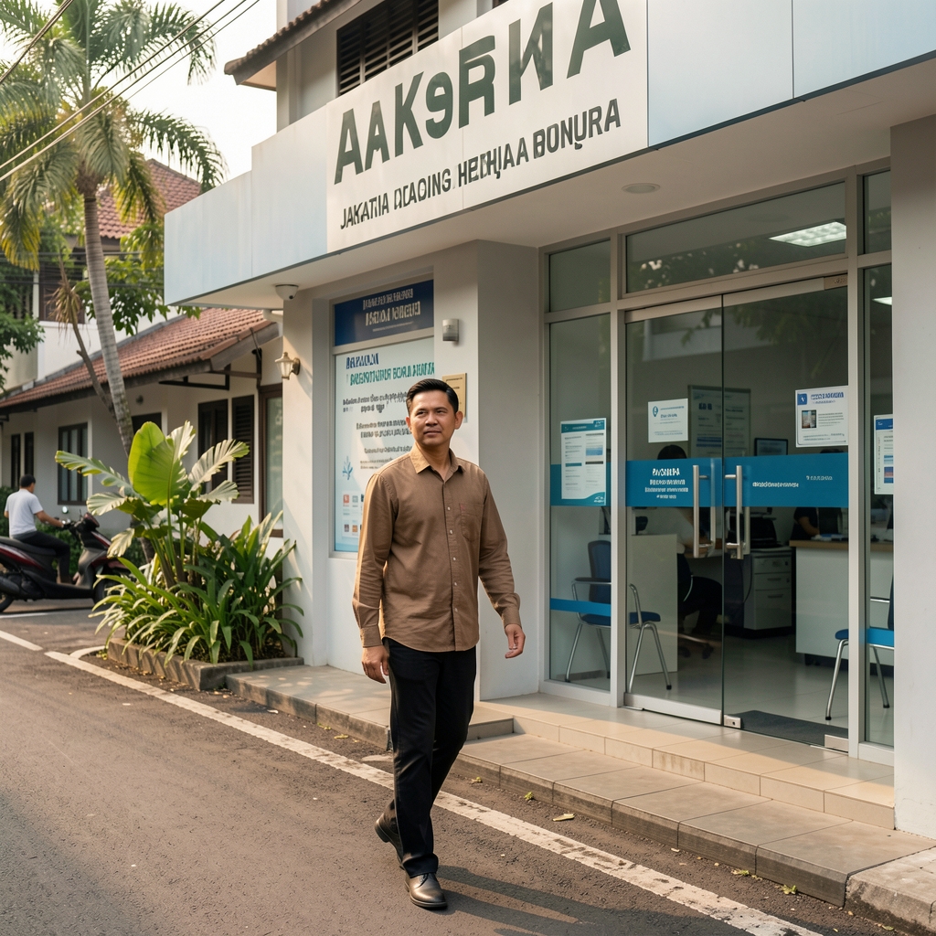 Man walking calmly past a Jakarta health centre after a routine appointment