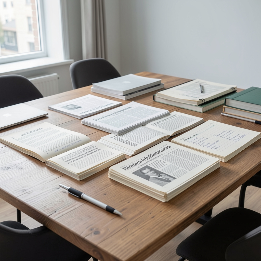 Organized archive of dated editorial clippings and research notes on a wooden table