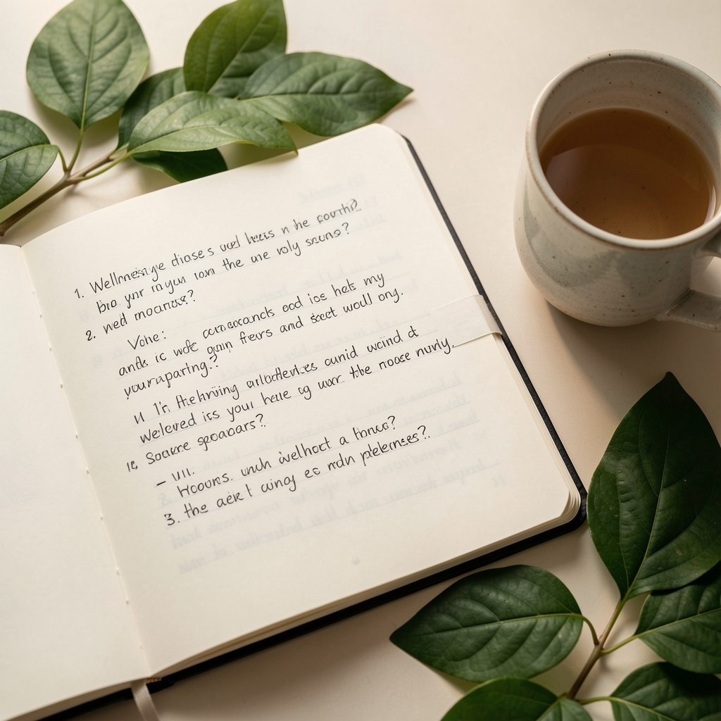 Open editorial notebook with handwritten wellness questions beside leaves and a ceramic cup