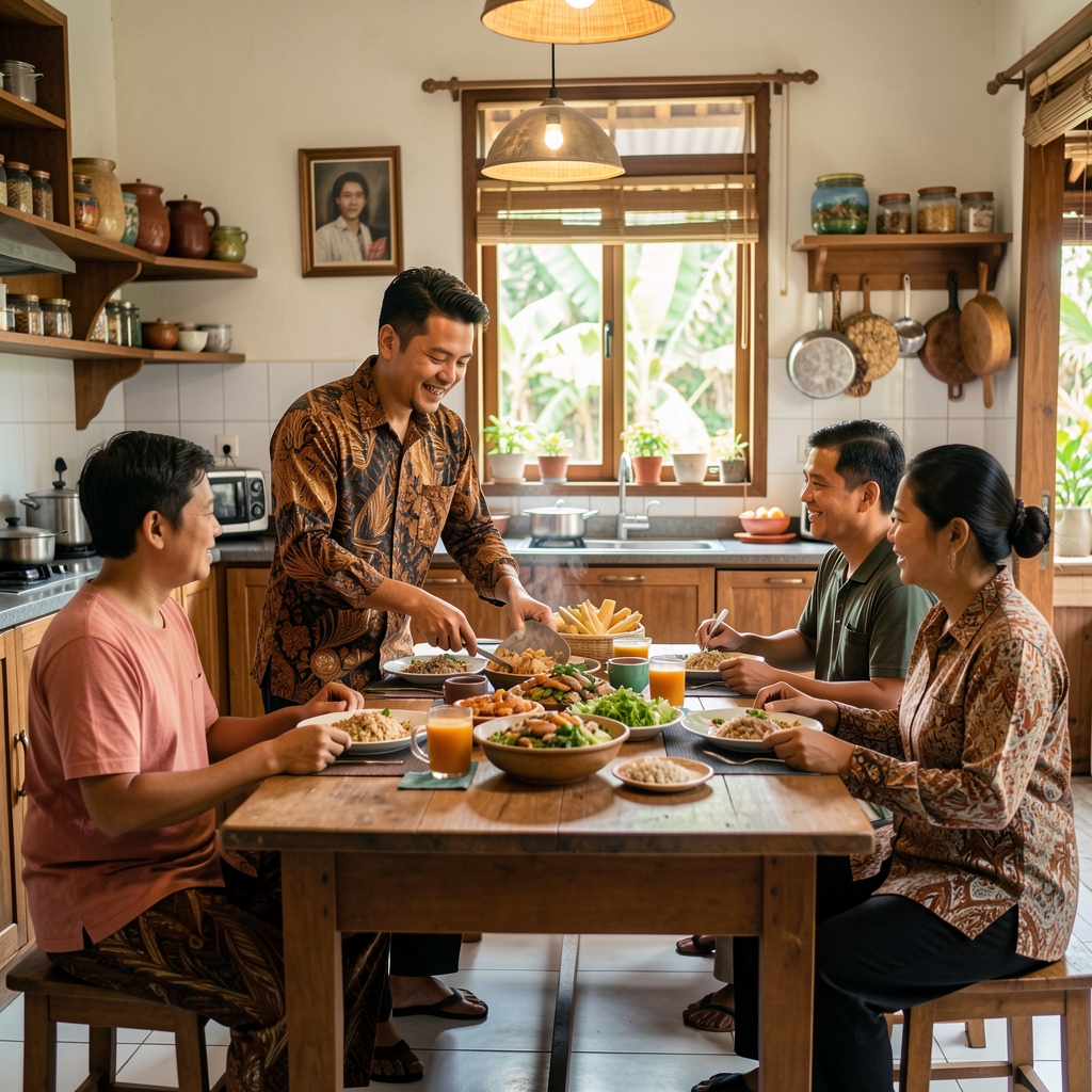 Man preparing a shared family meal with relatives in a welcoming Indonesian kitchen