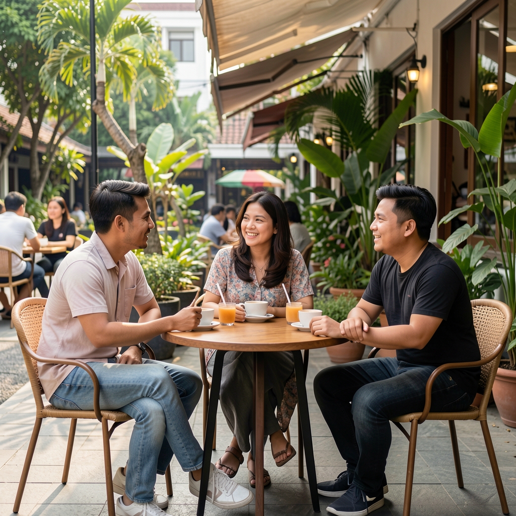 Three adult friends sharing a relaxed conversation at an outdoor Jakarta cafe