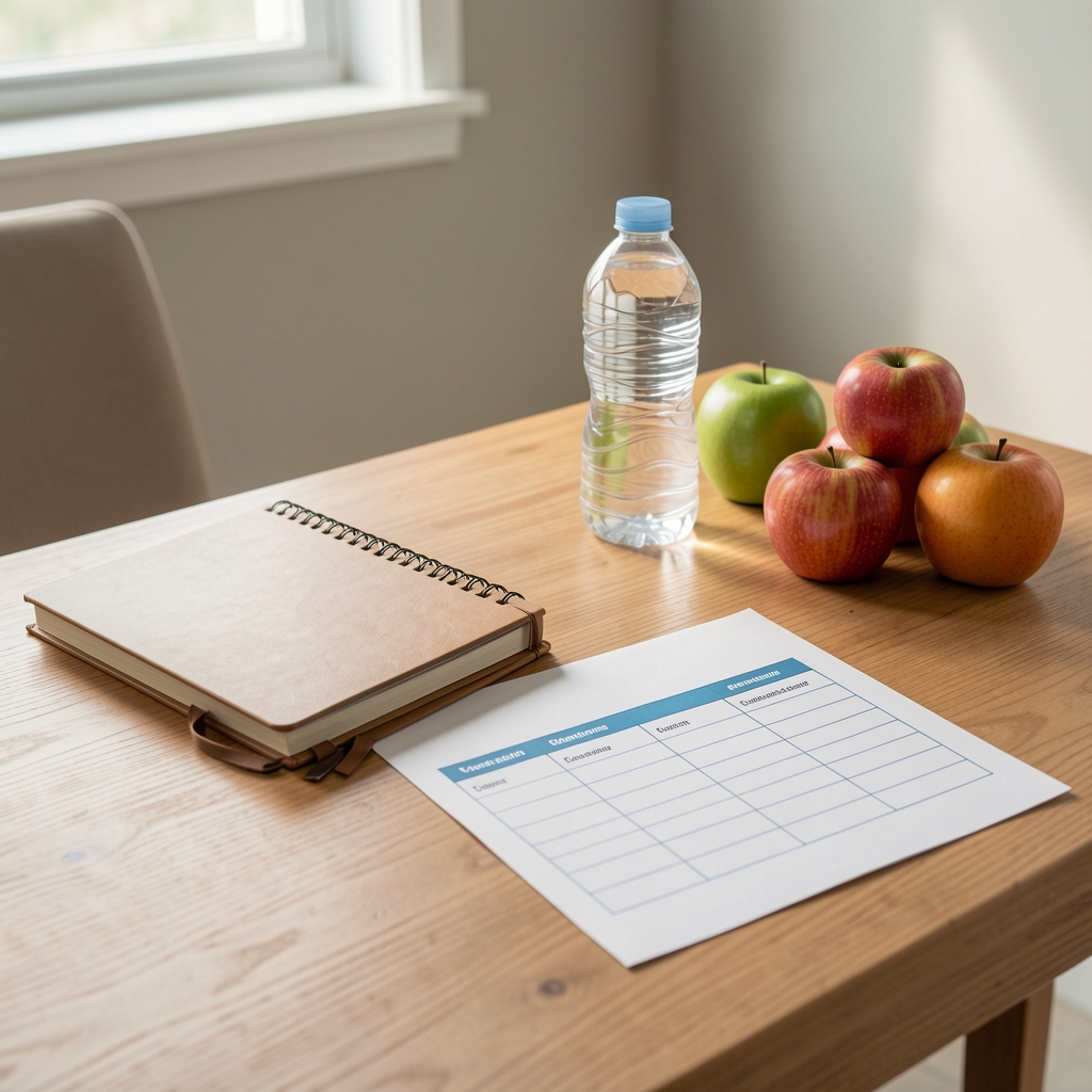 Organized wellness resource desk with notebook, water, fruit, and printed checklist