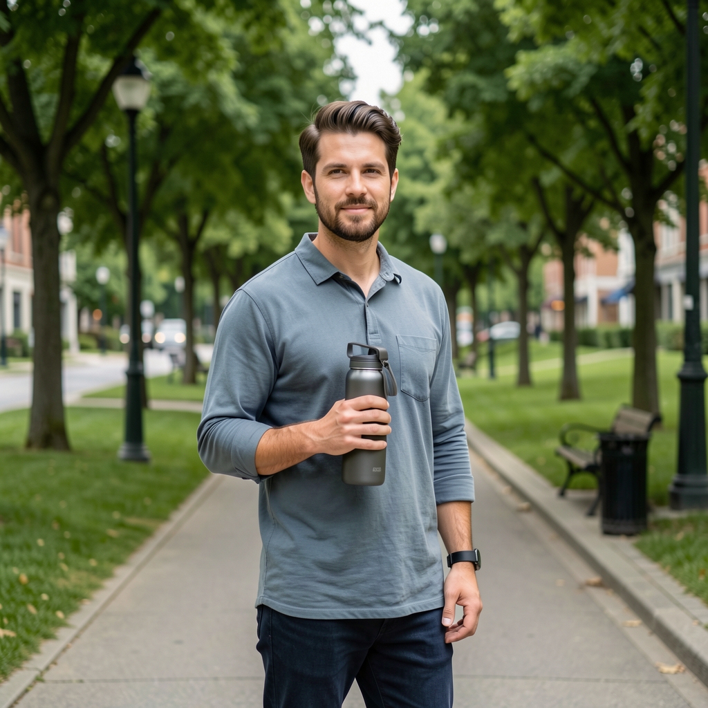 Man carrying a reusable water bottle on a quiet green urban walking route