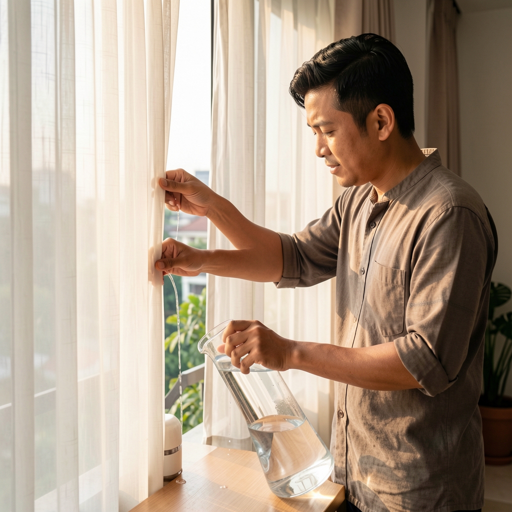 Man opening curtains and preparing water in a peaceful Jakarta morning routine