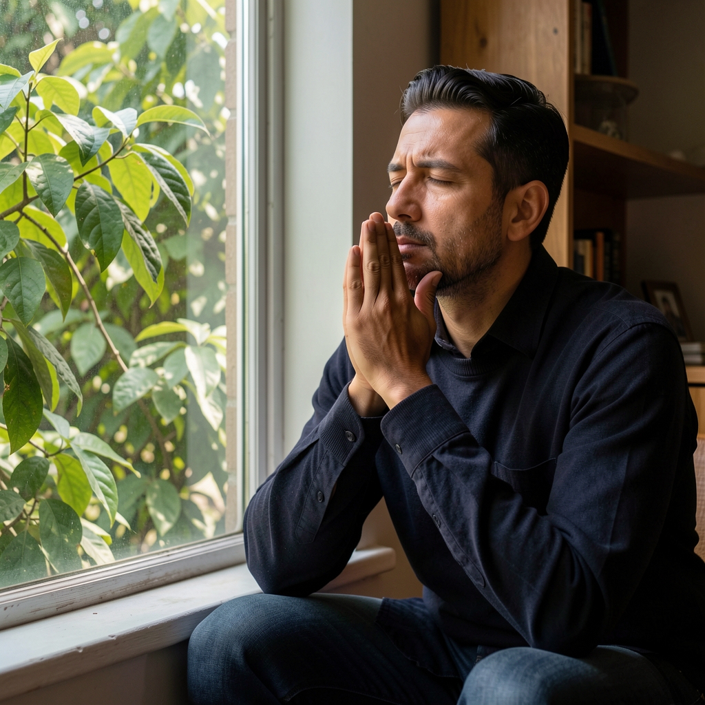 Man sitting quietly beside a leafy window practicing a slow breathing pause